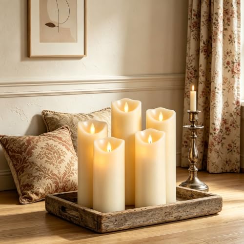 Da by - LED Candles, Set of 5 Decorative Candles (14cm, 15cm, 16cm, 18cm, 20cm), 10 Touch Flameless Candle, Flashing LED Flame, Made of Real Wax