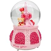 Bear Sit Back On The Flower Eiffel Tower Snow Globe, 100MM Music Box Snow Water Ball for Home Decoration Gifts, 5.75 Inch
