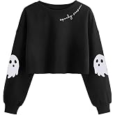 YDLMHHU Women Fall Halloween Ghost Crop Sweatshirt Lantern Sleeve Pullover | Funy Retor Ghost Long Sleeve Crop Sweatshirt Skull Spooky Season Holiday Family Matching Party Top