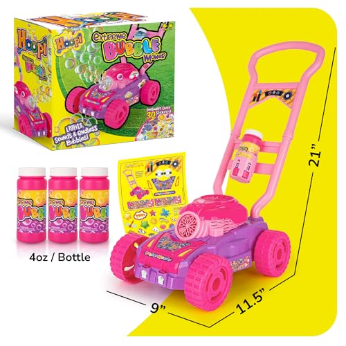 Hoopi Extreme Bubbles Lawn Mower for Toddlers, Spill-Proof Kids Bubble Machine with Lights for 2-Year-Old Girl Birthday Gift, Easter Gifts for Toddlers, Bubble Blowing Push Outdoor Toy with 3 Bottles