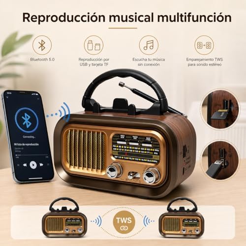 Radio Portátil Am/FM/SW Retro con Bluetooth, Batería Recargable 1200 mAh — foto 6 de 7