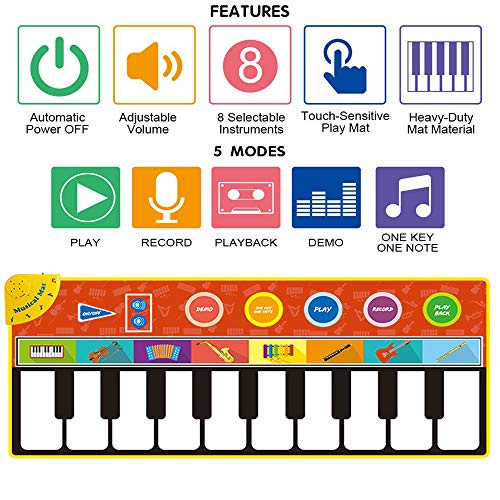 Cyiecw Toys Giant Piano Music Dance Mat Keyboard Playmat with 19 Keys 8 Selectable Musical Instruments Build-in Speaker & Recording Function for Kids Girls Boys 1 2 3 4 5 6 7 8years Old 58.3x23.6inch