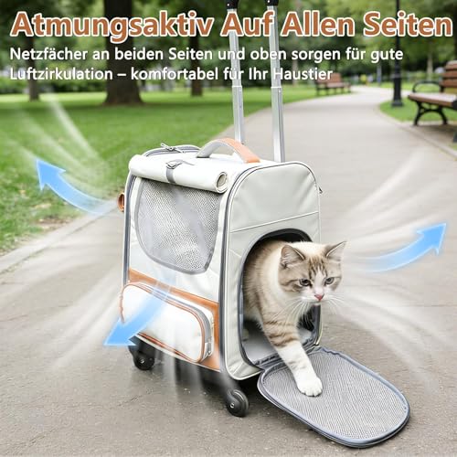 Cat Carrier Backpack, 3-in-1 with Wheels, Detachable Pet Backpack, with Sun Protection Roller Blinds, Ventilated Design, Multi Function Pet Rolling Carrier, for Dogs Cats Under 10kg or 22Lb (Beige)
