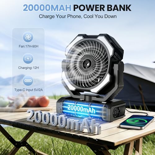 Ateroll 20000 mAh Battery Camping Fan with Mist, USB Fan Battery with Remote Control, LED, Hanging Hook, Table Fan for Tent, Outdoor, Home, Patio, Travel