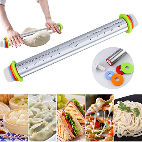 Rolling Pin with Rolling Mat, TedGem Adjustable Stainless Steel Rolling Pin Dough Roller with 4 Removable Thickness Rings Guides for Pie Crust, Dough Pizza Pie Cookies, Including a Pastry Mat - Thumbnail 5