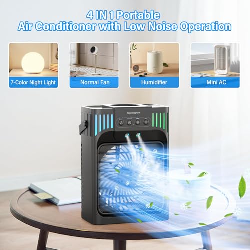 Portable Air Conditioners, 4-in-1 Evaporative Air Cooler with Remote Control, Cooling Fan with 3 Modes, 3 Speeds & 7 LED Lights, 2-8H Timer, 1200ML Personal Mini AC Unit for Home, Bedroom and Office