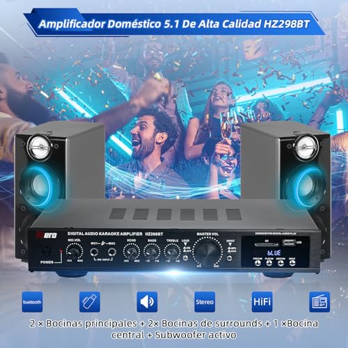 HZERO Amplificador de Audio para Casa de 5 Canales RMS 150W*2 para Altavoces de 5-8 Pulgadas, Amplificador de Altavoz, Bluetooth, Radio MP3/USB/SD/FM Amplificador 5 Canales, Hi-Fi Integrado 110V