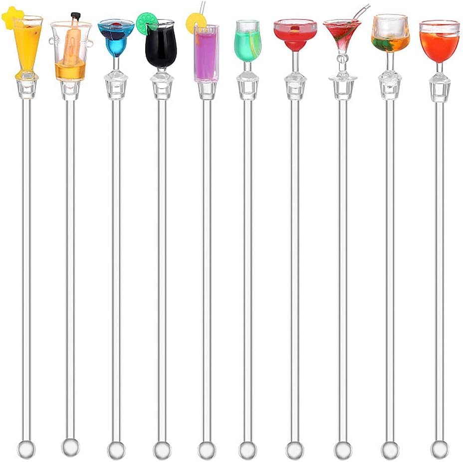 Hsthe Sea 10 PCS Acrylic Colorful Cocktail Stirring Sticks with Wine Glass Patterns