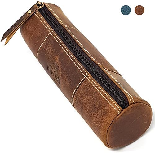 PURPLE RELIC: Vintage Leather Zipper Case, Handy Soft Tool Bag, Pencil Case, Art Pouch, Craft Kit Organizer; Back to School, Off to College; Gift for Students Professionals Artists; (Tan)