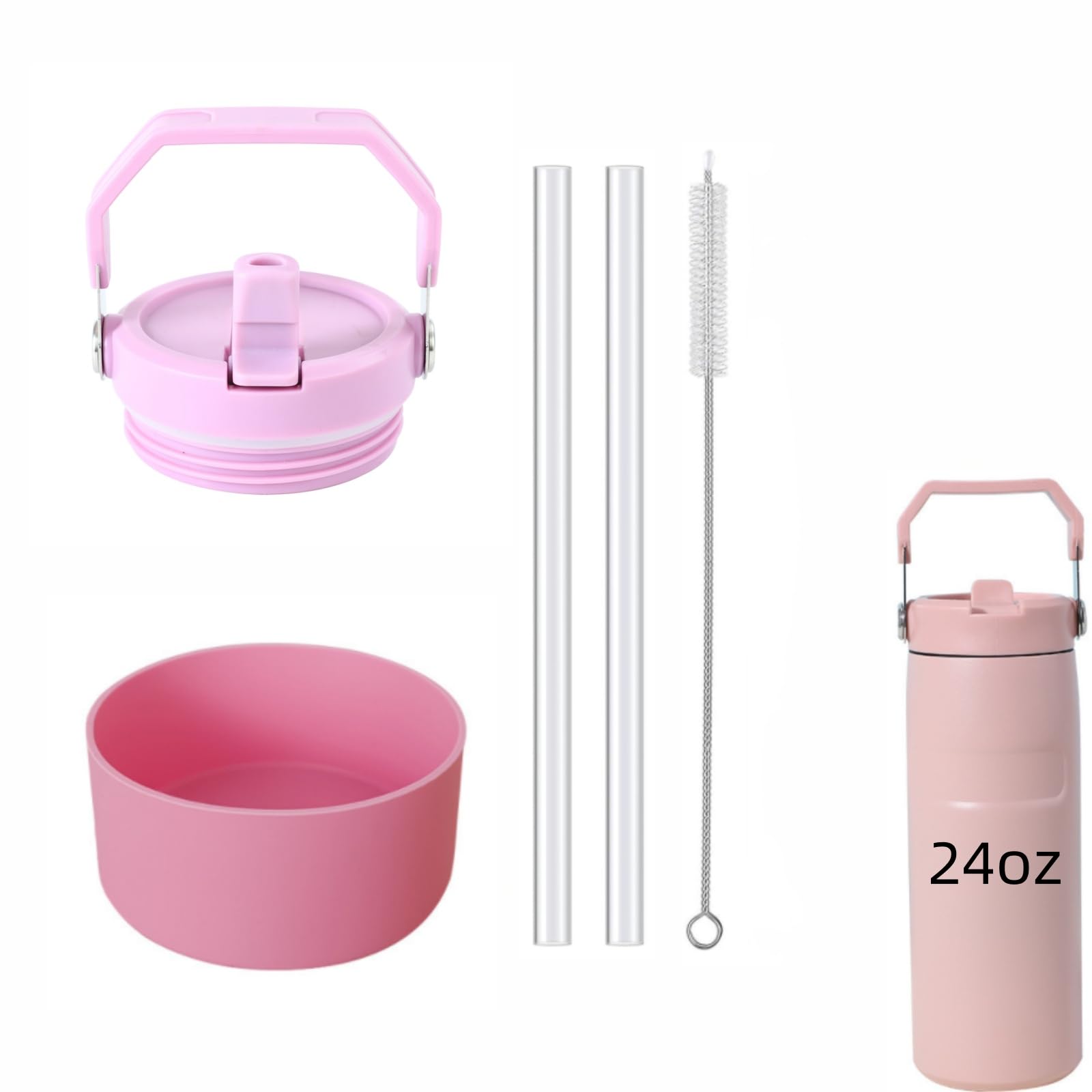 Photo 1 of 1pcs Tumbler Lid Replacement Fit for Stanley IceFlow Flip Straw 2.0 Water Bottle 24oz, Plus Protective Silicone Boot for Iceflow 24 OZ, with 2 Straw Replacement and 1 Cleaner Brush (Pink, 24oz)