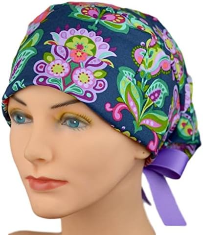 Womens Surgical Scrub Hat Adjustable Medium to Large Ribbon Ties (Folk Bloom)