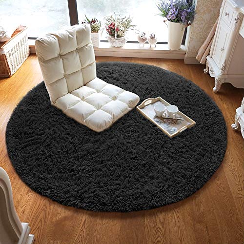 ST. BRIDGE Black Round Rug for Boys, 4'x4' Fluffy Circle Rug for Kids