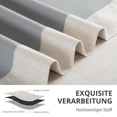 DEFYNEE 100% Blackout Curtains with Concealed Tabs, Linen Look Set of 2 Opaque Curtains Rod Pocket for Bedroom or Living Room - H245 x W140 cm, Cream