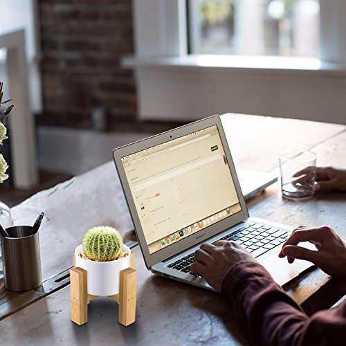CUUCOR 3 Inch Modern White Round Ceramic Planter Pot with Bamboo Stand,Mid Century Small Indoor Plant Holder for Succulent Plants/Air Plants/Artificial Flowers/Mini Cactus(Planter + Stand) - Thumbnail 2