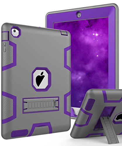 TOPSKY iPad 2 Case,iPad 3 Case,iPad 4 Case,iPad 2/3/4 Kids Proof Case,Heavy Duty Shockproof Rugged Kickstand Protective Cover Case for iPad 2nd/3rd/4th Generation Retina(A1416/A1458) Grey Purple