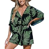 CUPSHE Women's Boho Floral Romper Short Sleeve V Neck Tie Waist Summer Beach Jumpsuit Tropical Resort Vacation Outfits