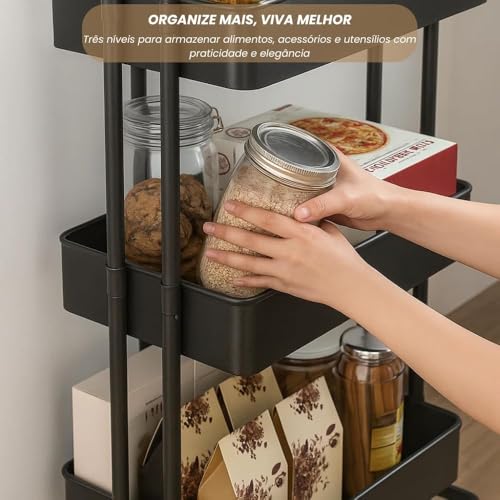 Carrinho Organizador Multiuso 3 Andares com Rodinhas — Estante Móvel para Banheiro, Cozinha, Lavanderia e Escritório, Aço Inox com Cestos Removíveis, Preto