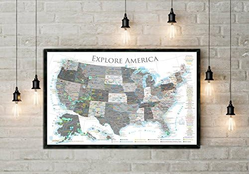 National Parks Map, USA Push Pin Map, Black & White Edition, 24x18 inch map, Includes Historical Cities, USA Peaks & Highest Elevations Map, RV Travel Map - Espresso Framed Map