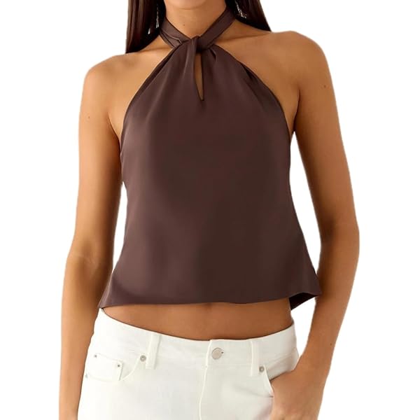 Womens Mock Neck Satin Tank Tops Backless Silk Halter Top Sexy