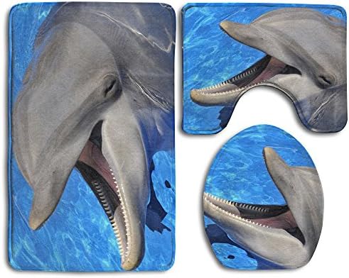Funny Dolphin Soft Toilet Rug 3 Pieces Set Non Slip Bathroom Rugs U-Shaped Toilet Mat Toilet Lid Cover