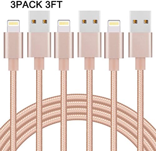 Everdigi iPhone Charger 3ft 3Pack Lightning Cable Sync & Charging Cord for iPhone 7 Plus 6S Plus 6 Plus SE 5S 5C 5, iPad 2 3 4 Mini Air Pro, iPod -Gold