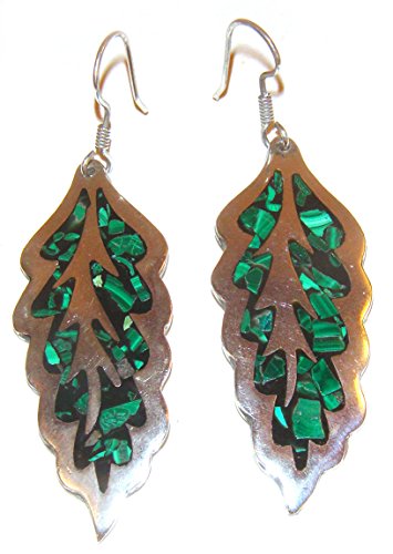 TAXCO .925 Sterling Silver Handcrafted Leaf Earrings w/Malachite & Onyx Inlays