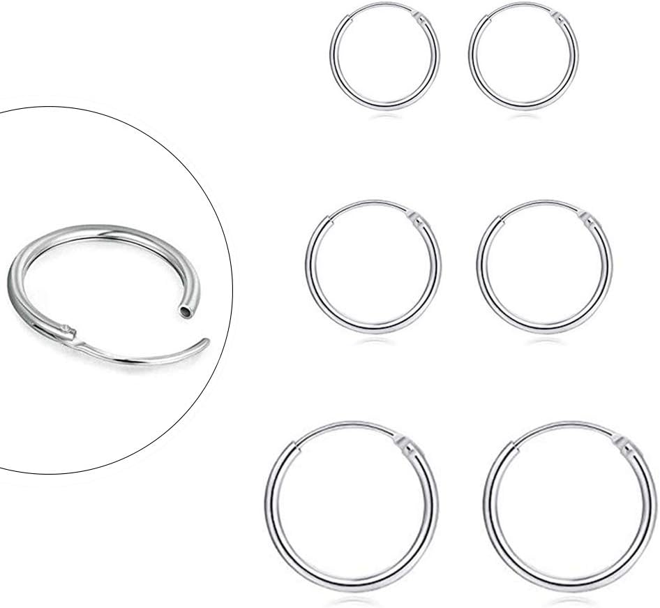 Sterling Silver Hoop Earrings for Women Men Girls, Hypoallergenic Cartilage Earring Endless Small Hoop Earrings Set, 3 Pairs Tragus Earrings (8mm/10mm/12mm)