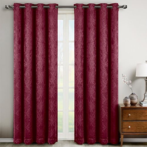 Pair of Two Top Grommet Blackout Weave Embossed Curtain Panels, Triple-Pass Foam Back Layer, Elegant and Contemporary Bella Blackout Panels, Burgundy, Set of Two 52" by 63" Panels (104" by 63" Pair)