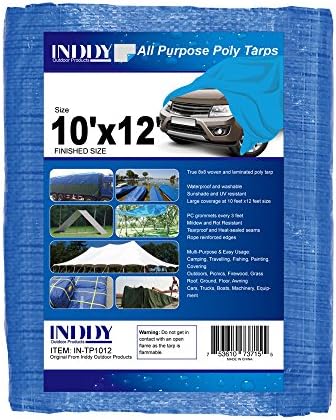 Inddy Tarps 10 x 12 Feet Blue Canvas Tarp Waterproof Poly Tarp Cover 5 Mil Thick 8 x 8 Weave Heavy duty tarp for camping shelter tent car boat truck cover sunshade and UV Resistant