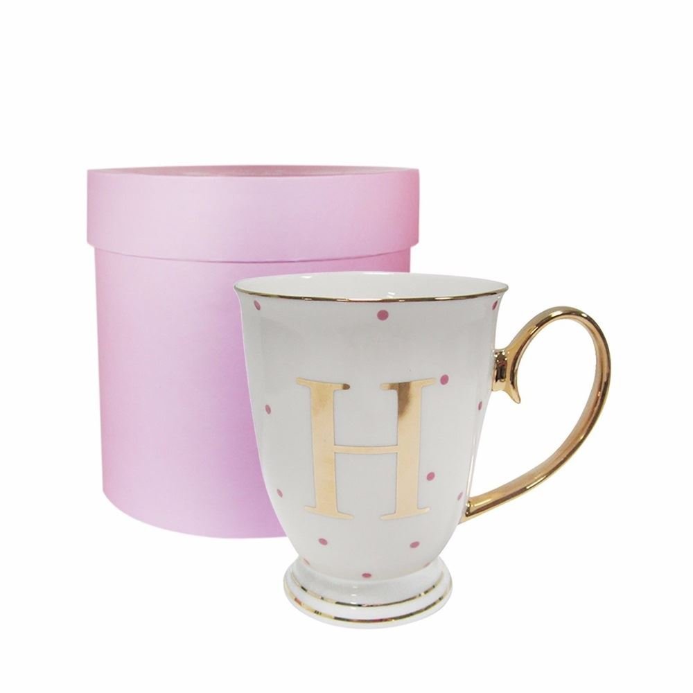 Bombay Duck 13 x 13 x 12 cm Letter H Alphabet Spotty Metallic Mug with Fuchsia Spots, White/Gold