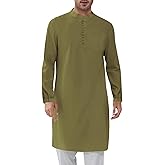 Runcati Mens Kaftan Thobe Button Down Henley Shirts Robe Long Sleeve Casual Cotton Linen Muslim Gown Shirt