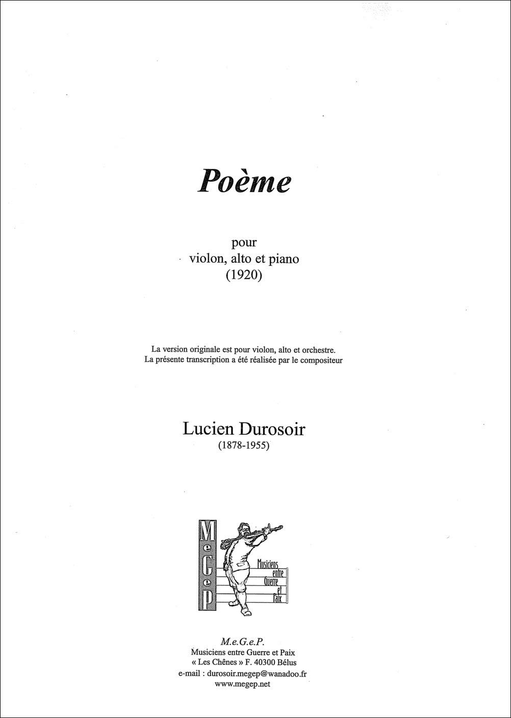 Poème: pour violon, alto et piano