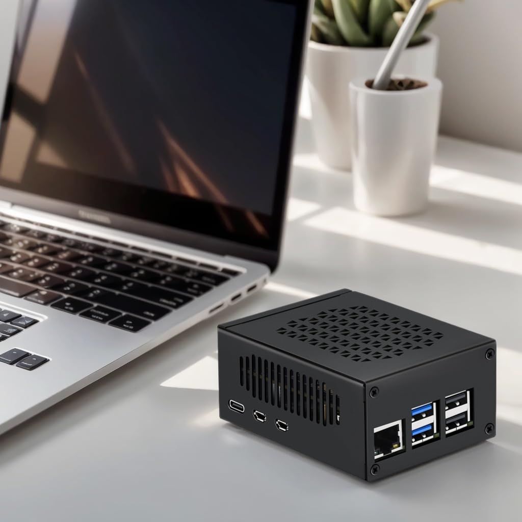 Metal Case for Raspberry Pi 5 with Pi 5 Active Cooler, Space for Hats, Add-on Boards, Cooler, and NVMe Hats (Black)