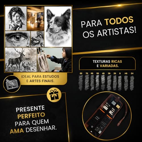 Kit Lápis de Desenho Profissional 29 Peças com Estojo Portátil, Lápis Artísticos, Borrachas, Estilete e Acessórios para Artistas e Estudantes Linha Super Premium 2H B HB 2B 3B 4B 5B 6B 7B 8B