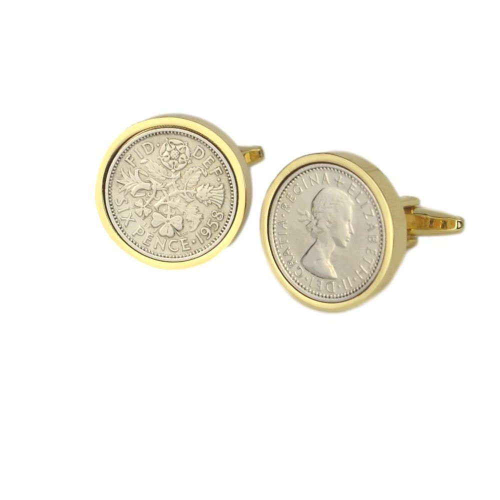 Polished Sixpence Gold Mount Cufflinks | 1958 Anniversary Coins 68th Birthday