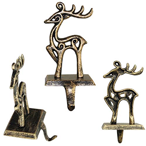 ODOMY Christmas Stocking Holders for Fireplace Mantle Stocking Hook Hangers Metal Snowman Reindeer Santa Snowflake Holder Indoor Vintage Christmas Decorations (Deer)