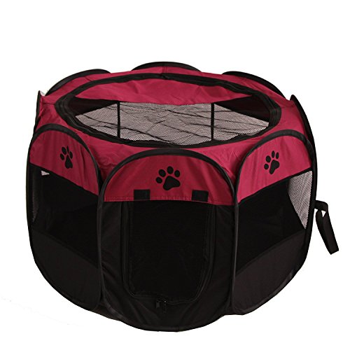UNFADE MEMORY Portable Foldable Pet Playpen, Indoor/Outdoor, Dog/Cat/Puppy Exercise Pen Kennel, Removable Mesh Shade Cover, Dog pop up Silhouettes pet Pen - Wine,M