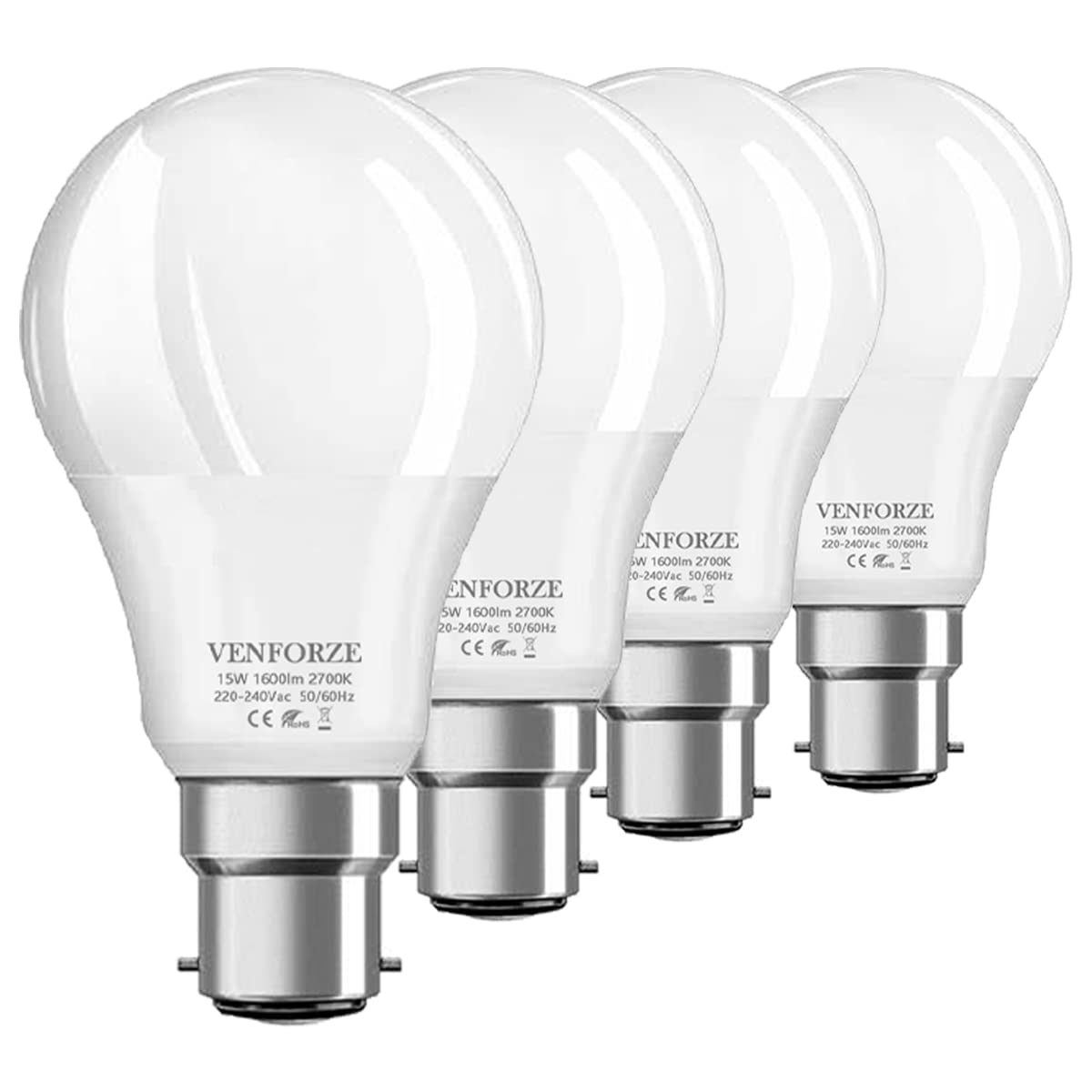 Venforze Bayonet Light Bulbs 150w Equivalent, 15W A60 B22 LED Bulbs, Super Bright 1600LM, Warm White 2700K, BC Energy Saving Led Bulbs, Non-dimmable, 4-Pack