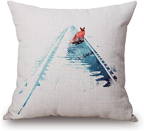 Happy Cool 18 "x 18" Fox Cotton Linen Square Burlap Decorative Euro Sham Cushion Cover with Insert Thick Pillow Protector with Hidden Zipper for Couch/Bench/Sofa A-Fox on Rail