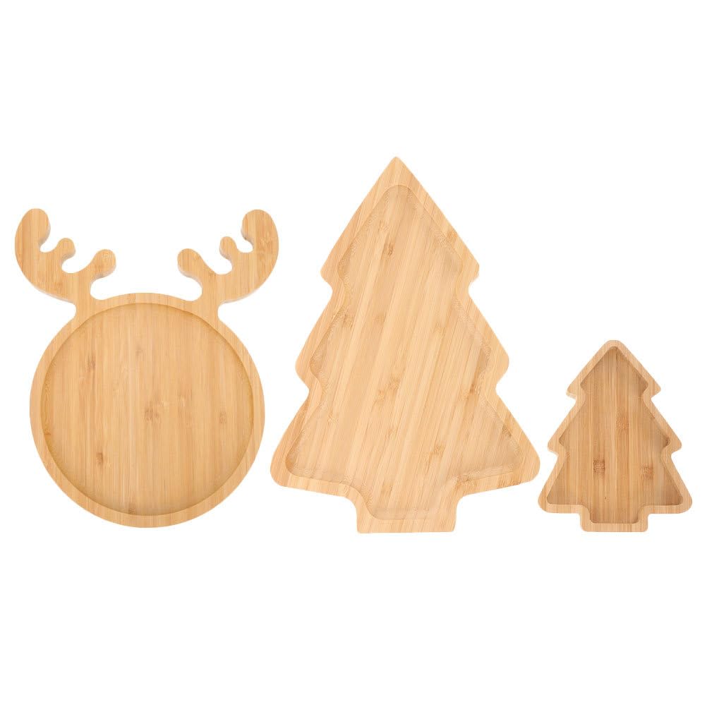 Kichvoe Christmas Tree Plates Wooden Charcuterie Boards Reindeer Serving Trays Wooden Appetizer Tray Christmas Tree Shaped Plate Sushi Dish 3pcs