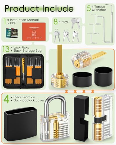 Eventronic Lock Pick Set, 36 Pieces Locksmith Pick Set with 4 Transparent Training Locks and Zipper Pocket, Guide for Beginners and Locksmiths Training, Orange