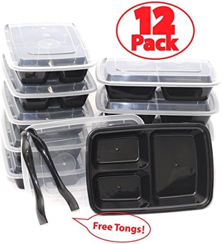 12Pack Food Containers with Tongs - Microwavable Stack-able Reusable Dishwasher Safe - 8"x6" 28 Oz. (3-Compartment)