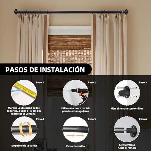 Barra Cortina,Cortinero de Ventana Ajustables,Con SoporteResistente y Fácil Instalar,Barras de Cortina Envolventes,Para Baño,Sala del Estar,Dormitori(Negro, 48-84in)