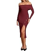 KUTUMAI Women Fall Off Shoulder Sweater Bodycon Midi Dress Long Sleeve Slit Cocktail Formal Wedding Guest Dresses
