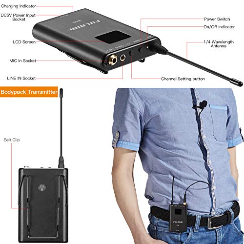 FULAIM MX20 Wireless Lavalier Microphone System for iPhone DSLR Camera Android Cell Phones, UHF 4-Channel Wireless Lapel Microphone System for Professional Video Recording, Interview, Youtube and Vlog