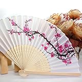 Mikey Store 1PC Folding Fan Delicate Japanese Plum Blossom Design Silk Costume Party (White 1)