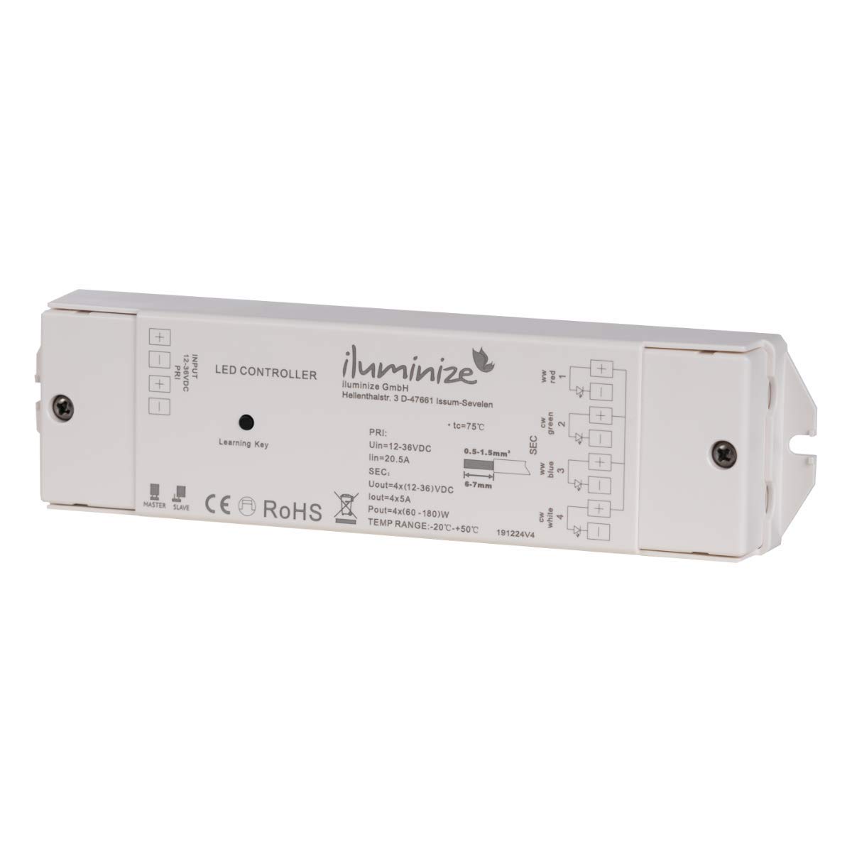 iluminize LED Controller, 750 Hz (flicker-free), 4 x 5 A, for white/duo-white/RGB/RGB+W/RGBW LEDs, 12 V-36 V constant voltage, Corded Electric, RGBW model 500.001, 120.0 grams