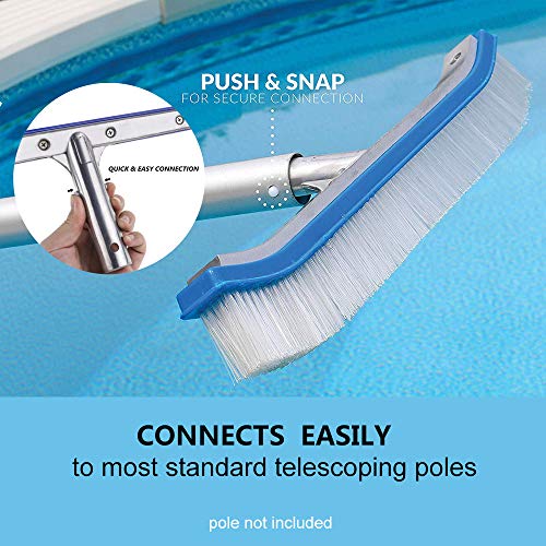 Swimming Pool Brush,18" Polished Aluminum Back Pool Cleaning Brush Head Designed for Cleans Walls, Tiles & Floors, Nylon Bristles Algae Pool Brush Head with EZ Clips (Pole not Included)