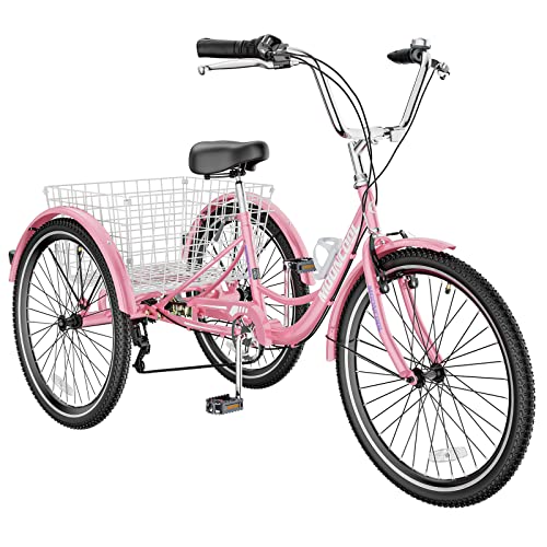 MOPHOTO Adult Tricycle 7 Speed - 24/26 Inch 3 Wheel Cruiser Bike With Basket