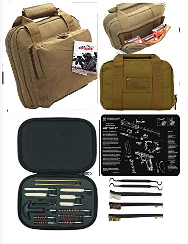 VAS Black Ops Double Gun & 5 Magazine Soft Padded Range Bag | Double Pull #10 YKK Zippers | Lockable | Tekmat Cleaning Mat| 21 PC Pistol Cleaning Kit (11.5" Black Bag, Smith & Wesson Shield Tekmat)
